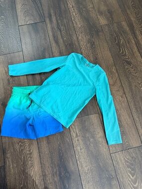 Kids Aqua Long-Sleeve Rash Guard and Ombre Swim Shorts Set - Teal/Blue Old Navy